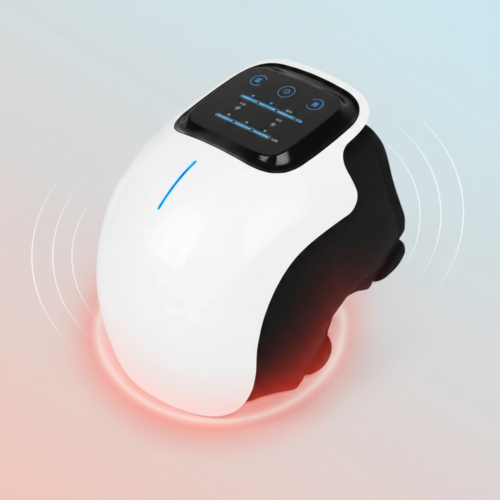 Close-up of a sleek Electric Relaxing Knee Massager, showing its ergonomic design and subtle indicator lights for heat and vi